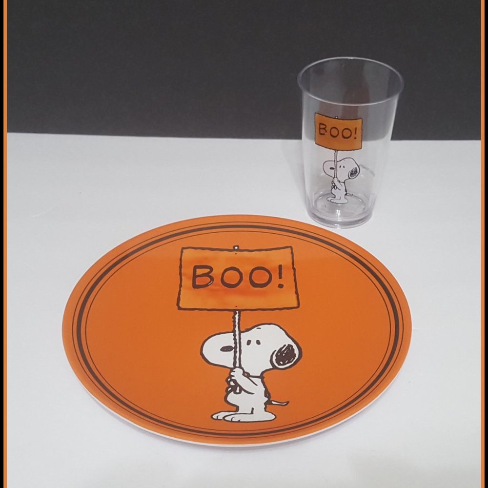 NEW Pottery Barn Kids Snoopy Boo Halloween Plate and Tumbler